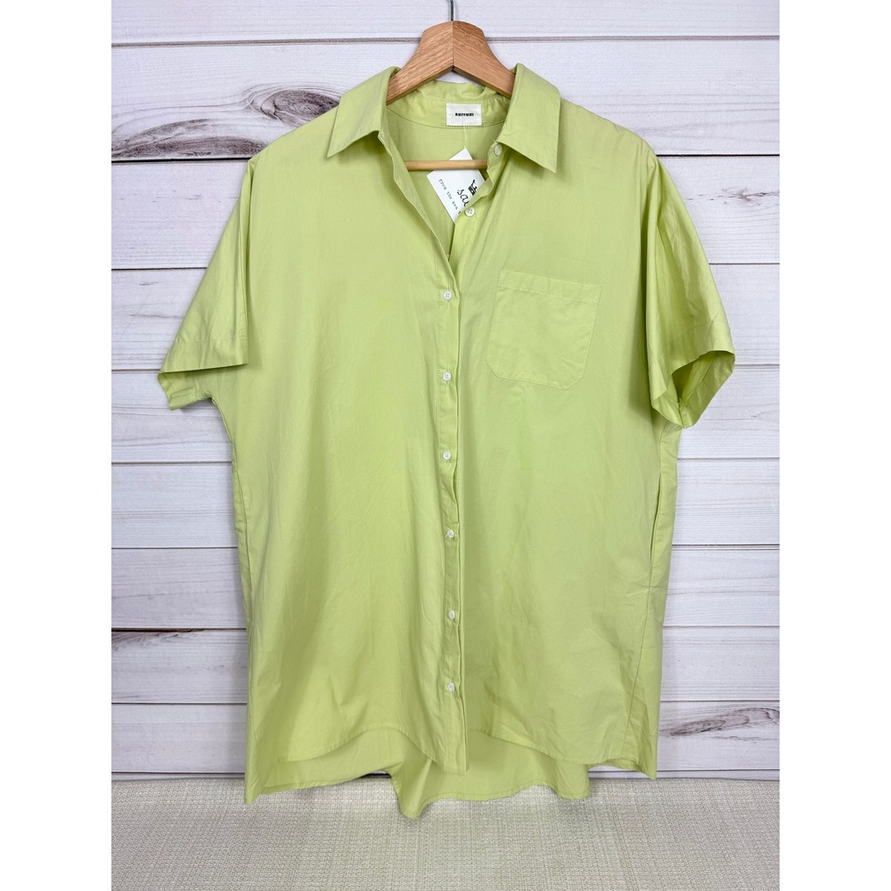 Aureum Button Down Oversized Mini Shirt Dress Short Sleeve Pocket‎ Green XS